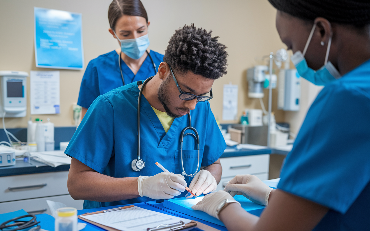 A focused medical resident in scrubs, performing a hands-on procedure in a community health clinic. The clinic is well-lit and includes various medical equipment and patient charts. A nurse supports the resident, creating a collaborative environment. The expressions of determination and teamwork illustrate the essence of community medical training.