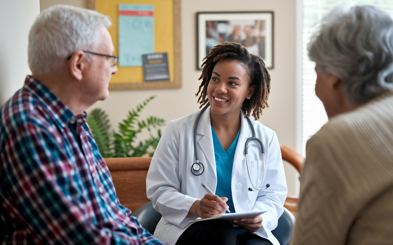 A scene depicting a community medical resident consulting with a diverse group of patients in a cozy examination room. The resident, a young woman of diverse descent, is attentively listening to an elderly patient while taking notes. Bright, inviting colors highlight the importance of primary care in community health.