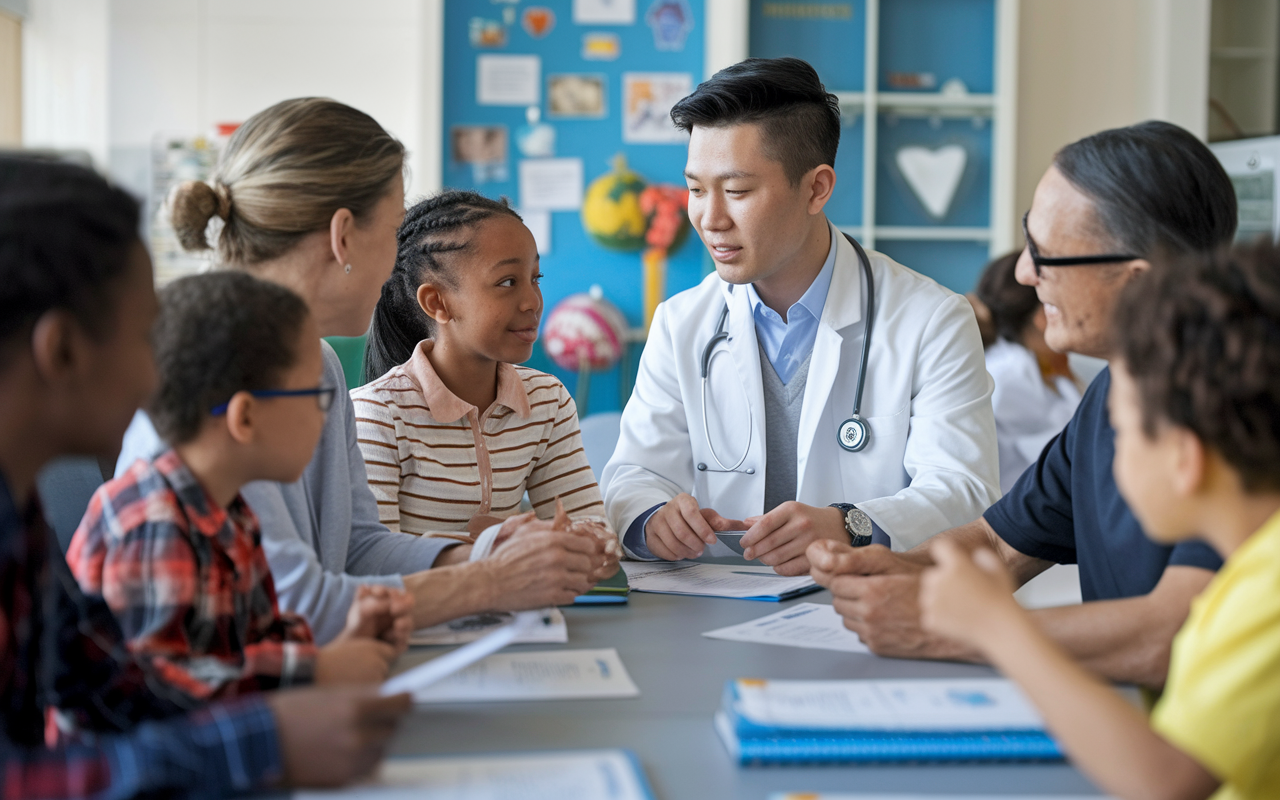 A medical resident interacting with a family in a community health center. The scene includes children and adults from diverse backgrounds receiving health education materials. The resident, an Asian male in a white coat, speaks engagingly with the family, showcasing the dedication to community health.