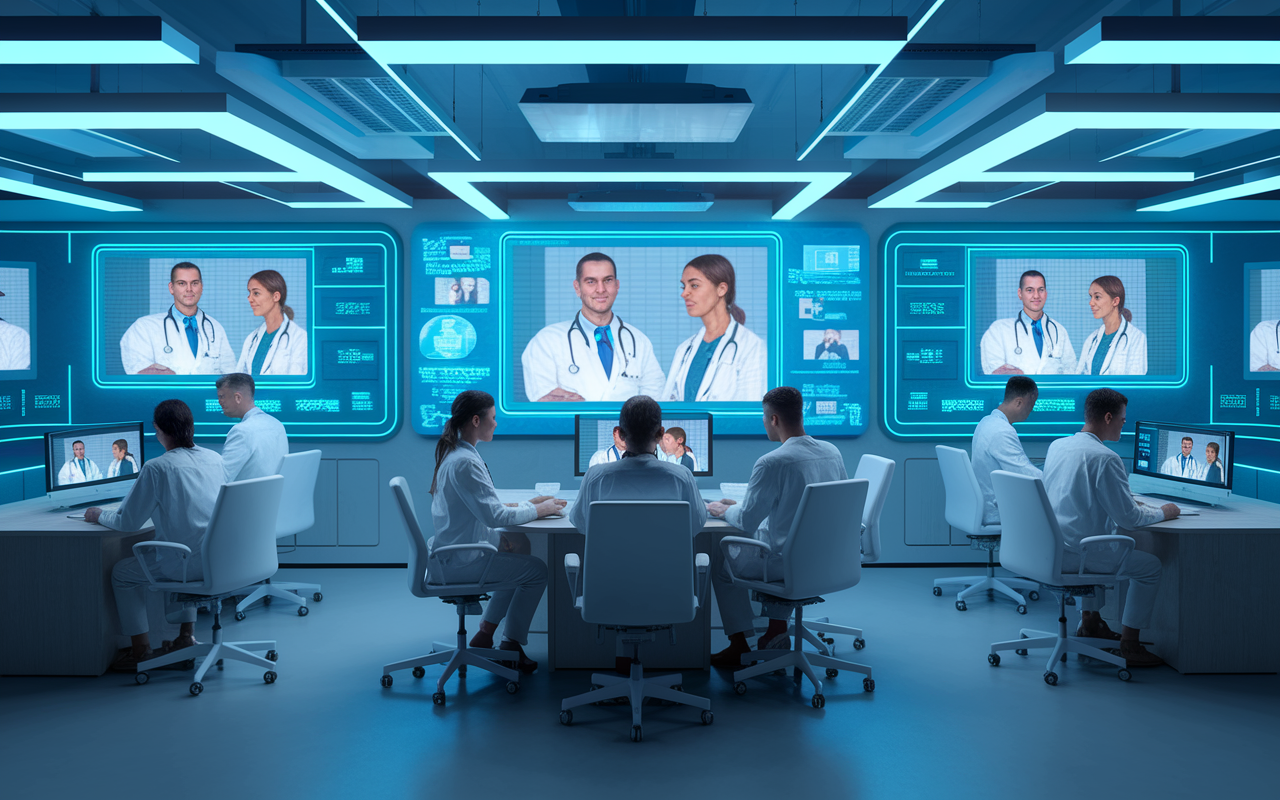 A modern digital classroom where medical residents are engaging in an e-learning session about telehealth. Several screens display telehealth consultations, and the environment is illuminated with soft lighting, creating a futuristic yet accessible atmosphere focused on enhancing learning.