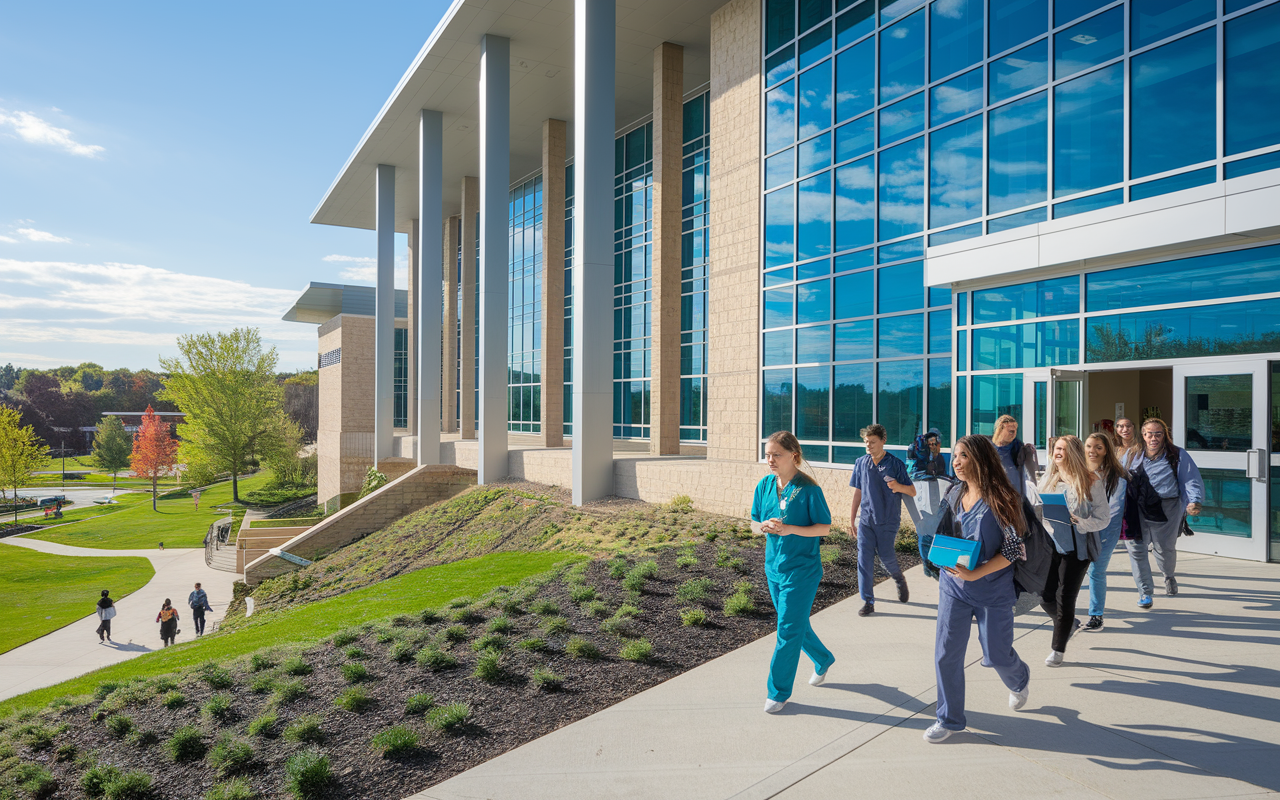 An impressive exterior view of a large university building dedicated to medical education, featuring modern architecture with large glass windows. Students are entering the building, some in scrubs, while others carry books and laptops, illustrating the academic focus. The scene is set on a bright day with clear blue skies and greenery surrounding the campus, conveying an inspiring atmosphere for aspiring medical professionals. Vibrant colors, emphasizing a lively academic environment.