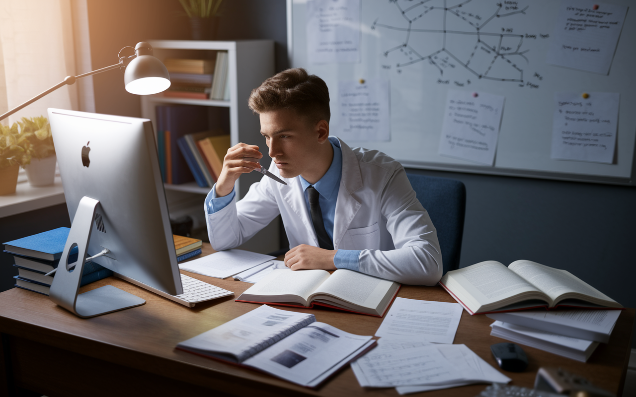 A young medical student engrossed in research at a computer, surrounded by open textbooks and printed research articles in a well-organized study area. The environment blends warmth and scholarly ambiance, with a soft desk lamp casting a gentle glow, highlighting the student’s serious expression. A whiteboard in the background showcases complex diagrams and notes, emphasizing the academic pursuit of evidence-based medicine. Realistic details capture the intensity and focus of medical education.