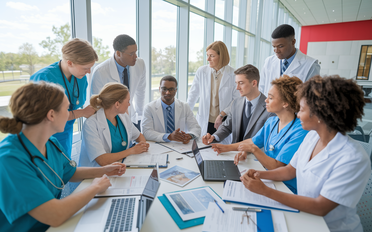 A diverse group of students from various health professions (medicine, nursing, pharmacy, public health) gathered around a table in a collaborative learning space. They are discussing a patient case study, with medical charts, laptops, and medical textbooks scattered around. The atmosphere is cooperative and focused, with large windows allowing natural light to fill the room. This scene exemplifies teamwork and the importance of multidisciplinary approaches in modern healthcare education. Bright, soft colors create an inviting environment.