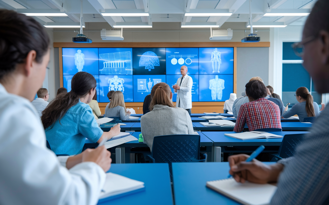 A classroom lecture in an academic medical program with a professor presenting advanced medical concepts to an engaged audience of students. The classroom is equipped with modern technological tools like visual displays showing charts and medical images. Students are taking notes with focused expressions, illustrating their dedication to learning. The lighting is bright and inviting, enhancing the academic environment. Detailed representation of the learning experience in a prestigious academic setting.