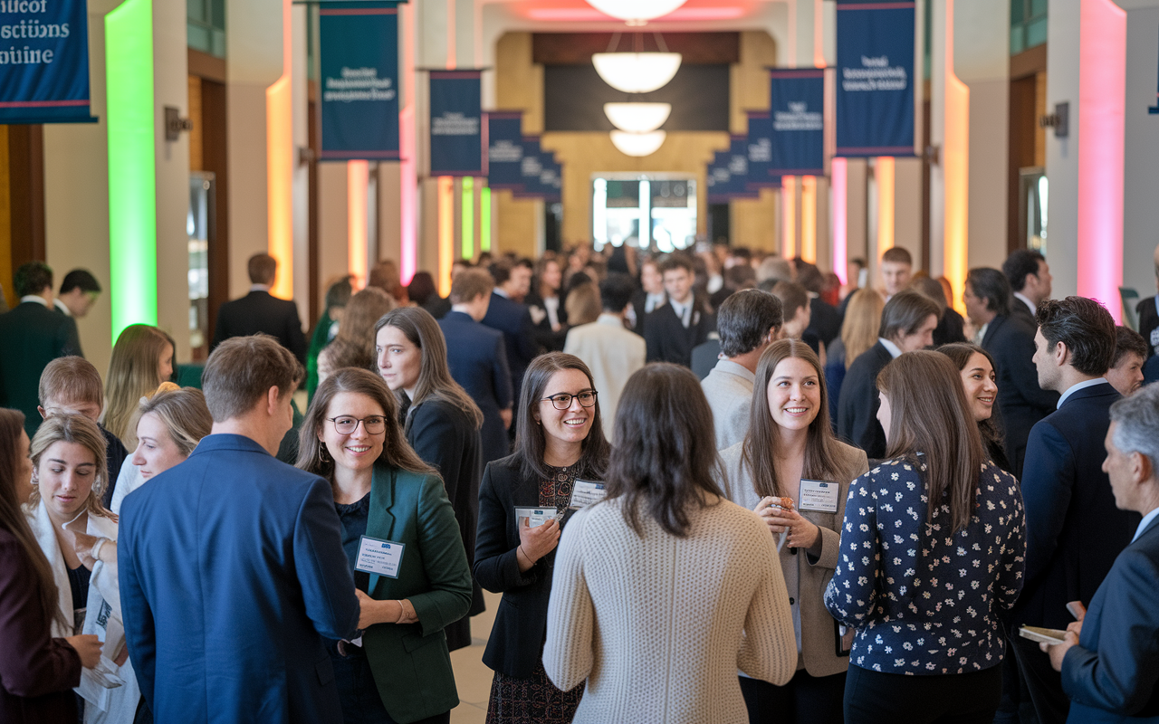 An engaging networking event taking place in a university hall where medical students connect with alumni and faculty. Small groups are chatting enthusiastically, with name tags and informational brochures visible. The setting is casual yet professional, with banners highlighting the institution's achievements. Warm lighting creates an inviting atmosphere, illustrating the value of building connections for future careers in medicine. Vivid colors enhance the lively interaction and engagement among participants.