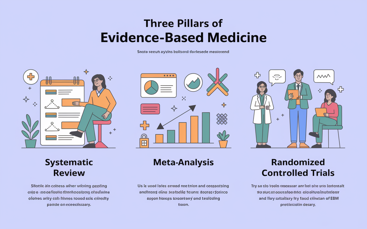 An informative infographic displaying the three pillars of Evidence-Based Medicine—Systematic Review, Meta-Analysis, and Randomized Controlled Trials. Each section is illustrated with icons depicting clinical research, statistical charts, and trial participants. Use a modern, clean design with vibrant colors and clear labels, highlighting these critical components of EBM.