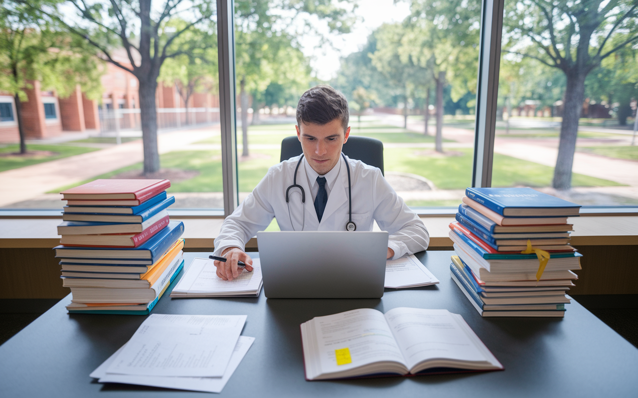 An organized study environment featuring a medical student at a desk, intently researching on a laptop surrounded by stacks of medical journals. The room is well-lit, with a large window showing a vibrant campus outside, filled with trees. The student has a focused expression, with notes and highlighted papers scattered around the desk, representing the commitment to finding evidence for effective patient care.