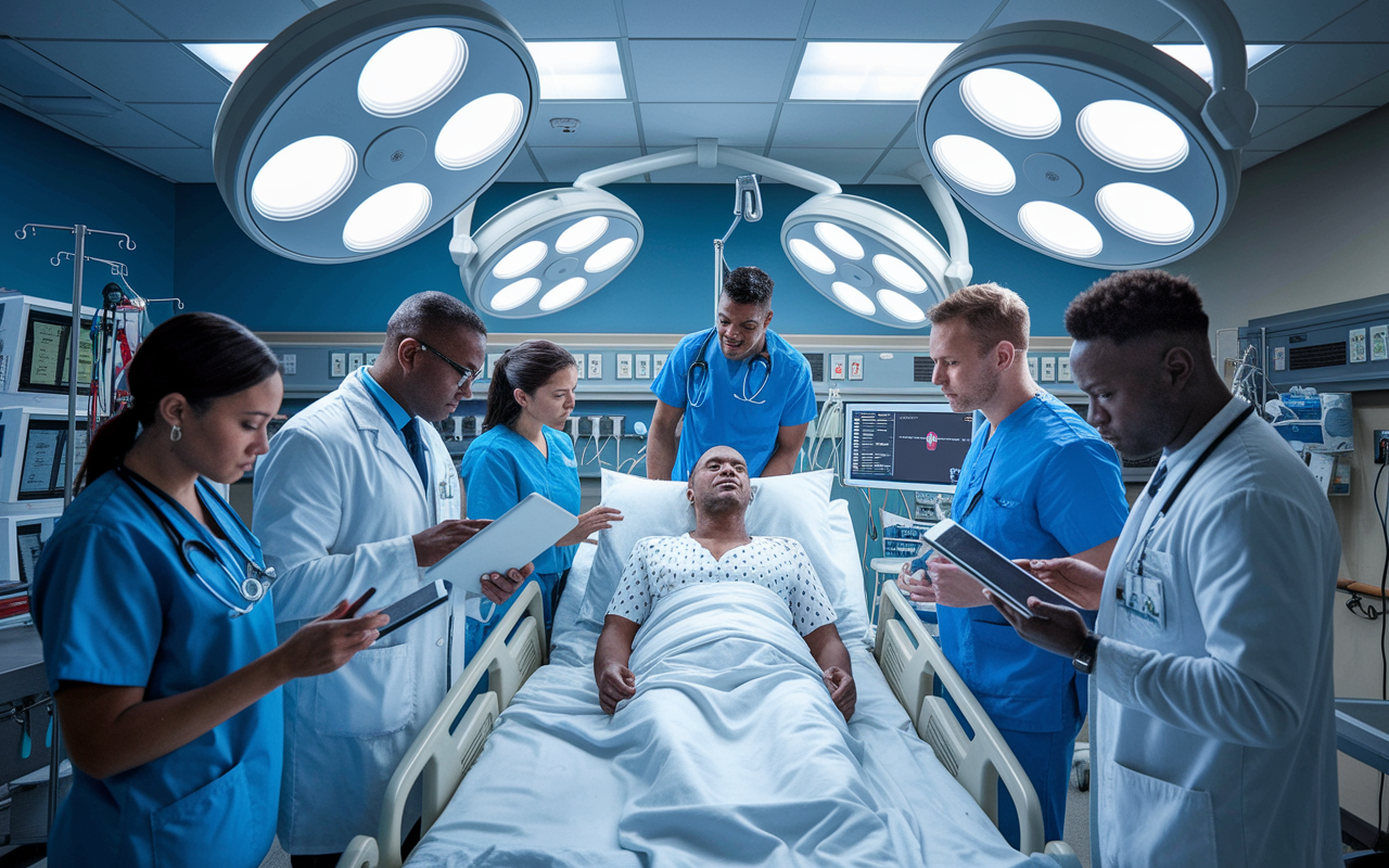 A busy hospital emergency room where a diverse medical team is actively discussing and implementing clinical protocols related to acute myocardial infarction. Doctors and nurses are gathered around a patient in a hospital bed, reviewing charts and using tablets, against a backdrop filled with essential medical equipment. Bright overhead lights create a sense of urgency and professionalism, capturing the high-stakes environment of emergency medicine.