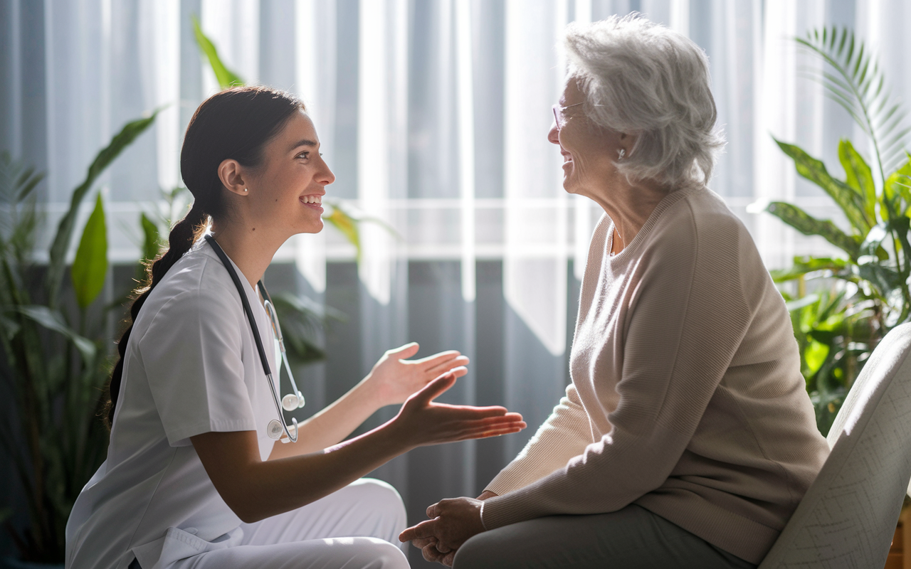 A warm and compassionate healthcare provider, a female resident, kneeling to speak with an elderly woman in a bright clinic room filled with plants. The resident is smiling, establishing eye contact, while the elderly woman appears calm and engaged. Sunlight filters through sheer curtains, enhancing the atmosphere of trust and empathy, highlighting the rapport between doctor and patient.