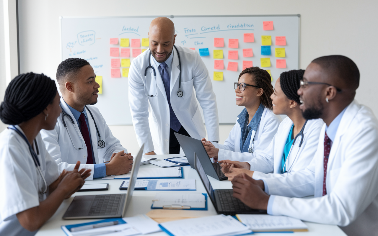 A group of medical residents participating in a team meeting at a community health center. They are gathered around a table filled with patient charts and laptops, passionately discussing patient care and strategy. The lighting is bright and inviting, reflecting a sense of collaboration and motivation, with a whiteboard displaying colorful notes and ideas in the background.