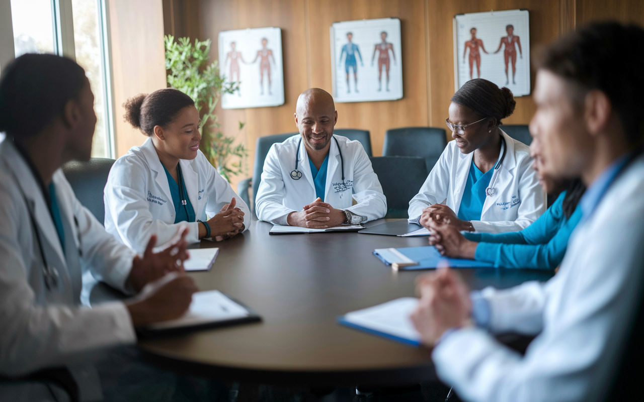 An intimate learning session in a cozy conference room, featuring medical residents engaged in a collaborative discussion with an attending physician. The room is filled with natural light, and there are charts and educational materials on the walls. Each resident appears relaxed and at ease, fostering a nurturing atmosphere, emphasizing open dialogue and support.