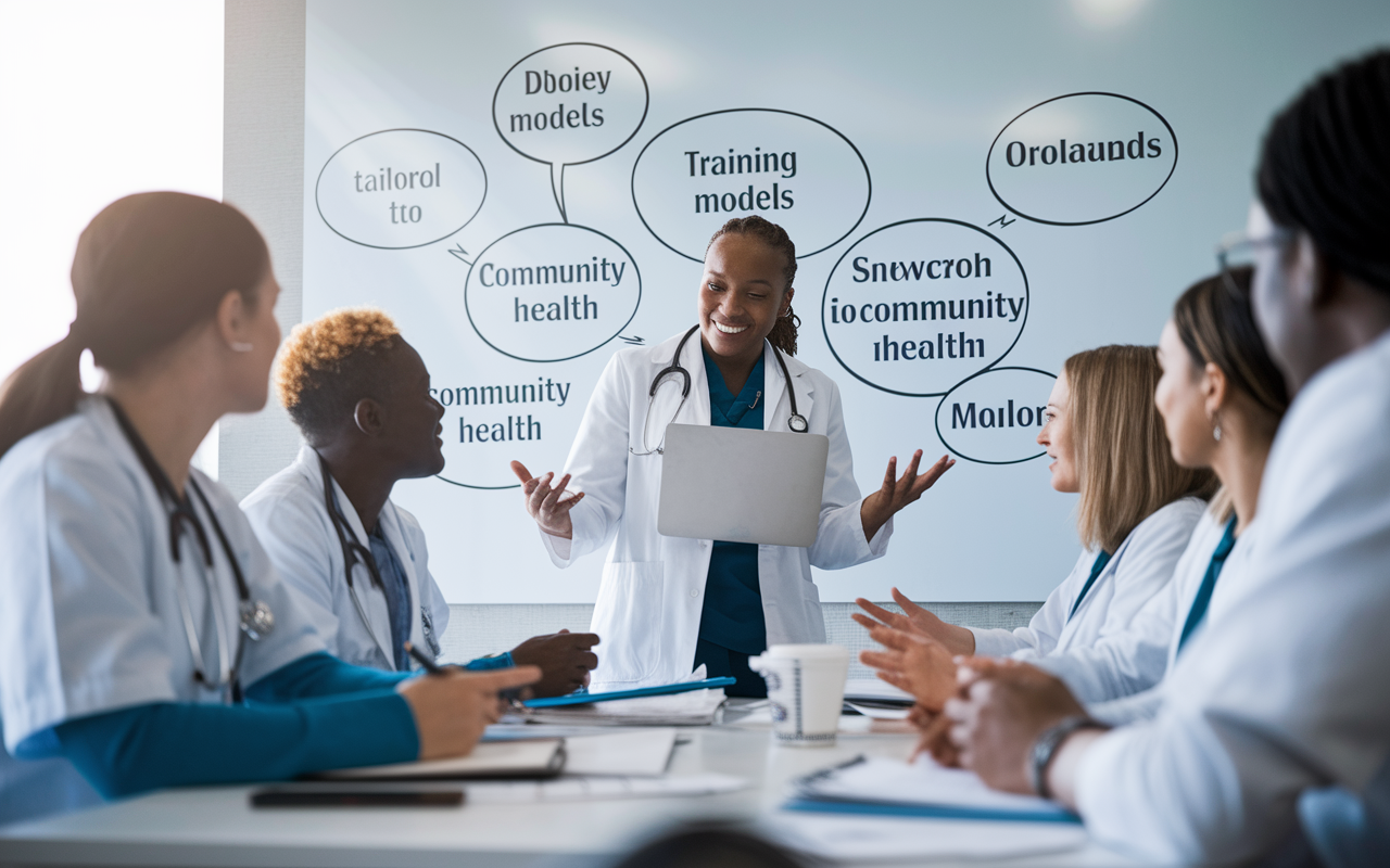 A dynamic classroom setting where medical residents are engaged in a vibrant discussion led by an instructor. The instructor uses a digital whiteboard to showcase various training models tailored to community health needs. The environment is bright and collaborative, with residents from diverse backgrounds sharing ideas, showcasing the flexibility of community program curricula.