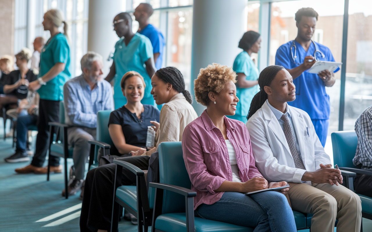 A bustling community clinic setting with healthcare professionals attending to a diverse group of patients in a waiting area. The scene captures individuals from various cultural backgrounds awaiting care, emphasizing the clinic's commitment to serving an inclusive community. Light pours into the room, highlighting moments of interaction between staff and patients, creating a vibrant atmosphere.