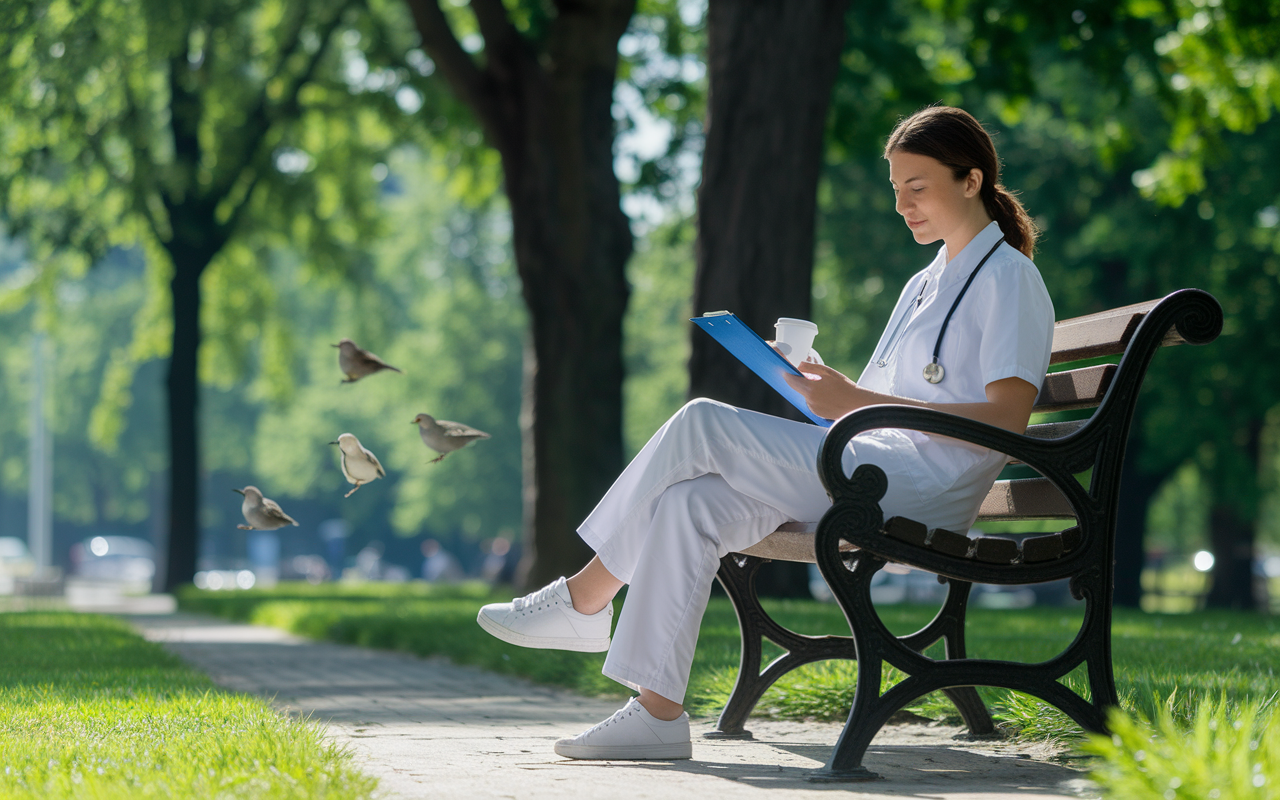 A serene park scene with a young medical resident sitting on a bench, enjoying a coffee break in a lush green area. The resident appears relaxed, reviewing notes on a clipboard, surrounded by trees and chirping birds. The gentle sunlight and clear sky symbolize a balanced lifestyle, highlighting the importance of downtime during a demanding residency.