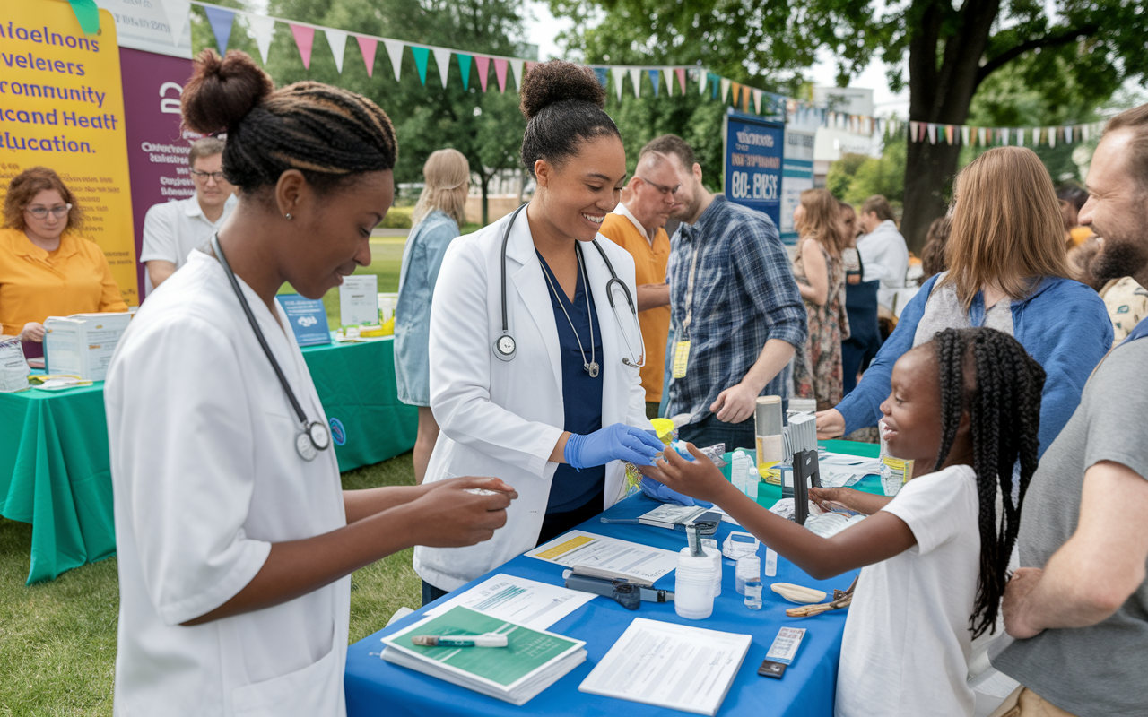 A group of medical residents participating in a community health event in a local neighborhood park. They are actively engaging with families, providing health screenings and education. The cheerful environment is filled with colorful booths and banners promoting community wellness, showcasing the residents' dedication to primary care and health education.