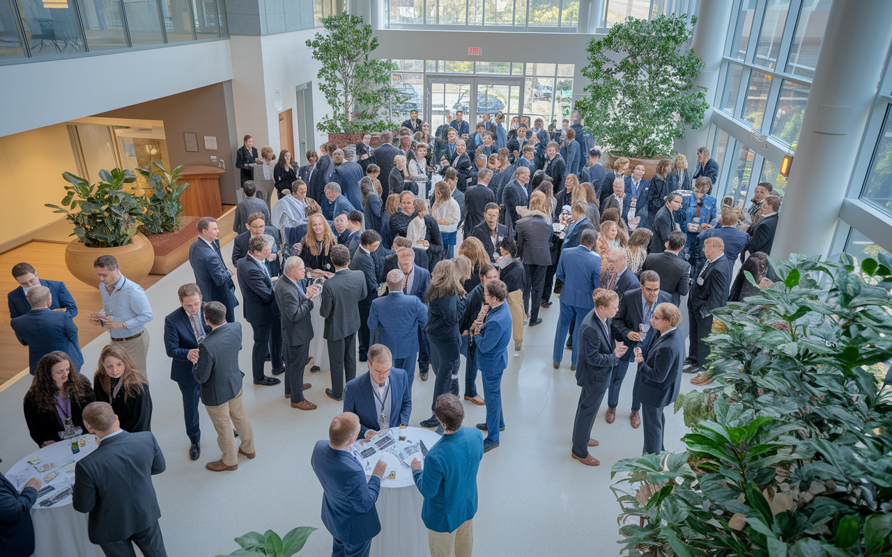 A lively networking event hosted in a community hospital atrium, showcasing medical residents mingling with local physicians and healthcare providers. Attendees are engaged in discussions, exchanging ideas and building connections. The modern yet cozy setting, filled with plants and open spaces, encourages collaboration and community integration.