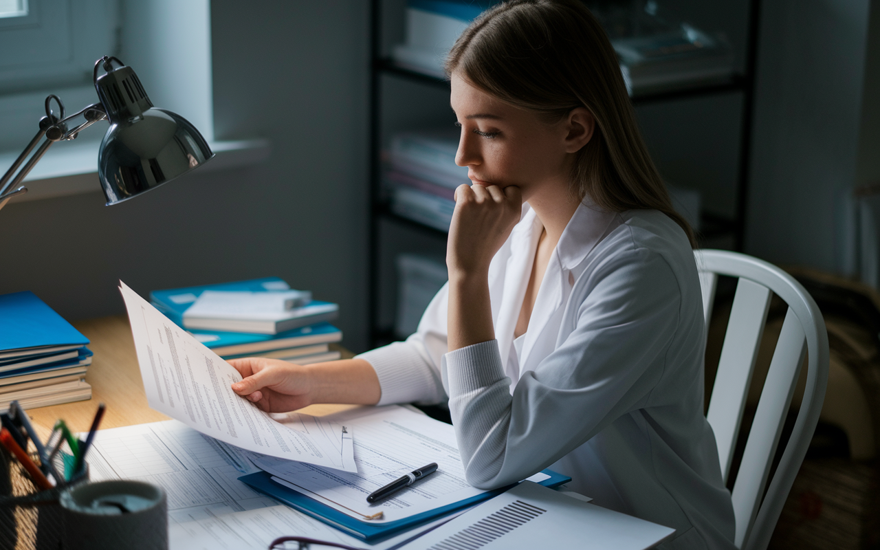 A thoughtful young medical student sitting at a desk, reviewing financial plans amid medical school materials. The workspace is cozy and organized, with budgeting spreadsheets and student loan applications laid out. Soft lighting creates an atmosphere of contemplation, emphasizing financial considerations in choosing residency programs.