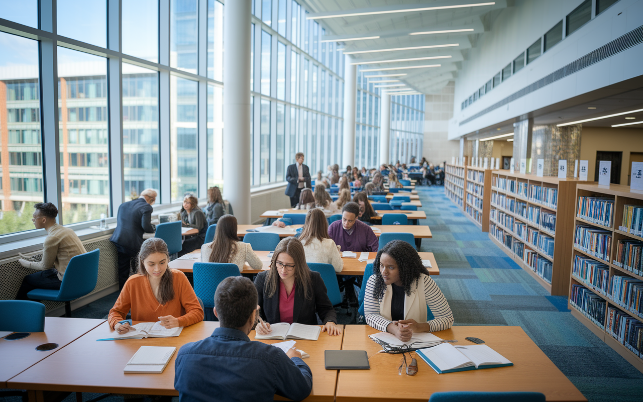 An interior view of a university-affiliated medical school with students studying in a vibrant, modern library that has large windows allowing natural light to pour in. Students are engaged in research discussions with faculty mentors, surrounded by stacks of medical textbooks and advanced research materials. The atmosphere is focused yet inspiring, showcasing a mix of students of diverse backgrounds deeply involved in their academic pursuits.