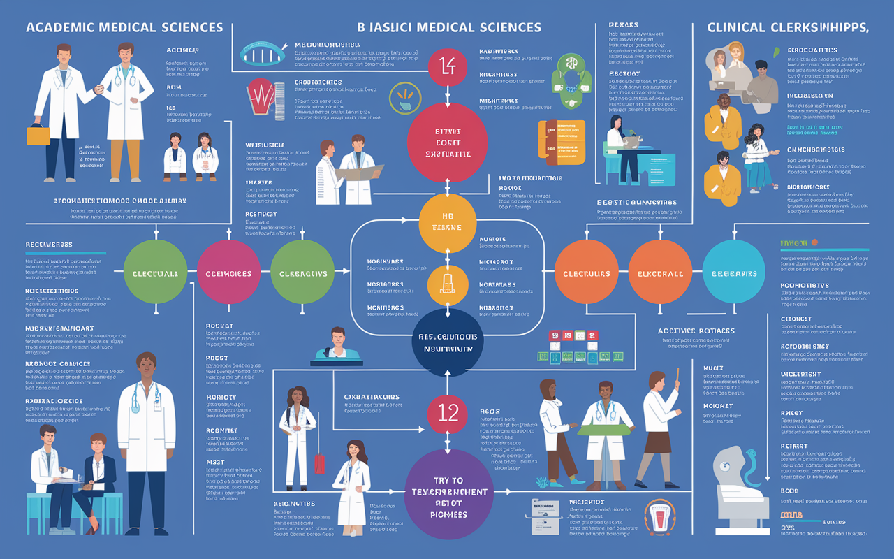 A detailed infographic showing the structure of an academic medical program curriculum. Visual elements include diagrams of basic medical sciences, clinical clerkships in various specialties, and students engaging in elective opportunities. The infographic is designed in a clean, informative style with vibrant colors to illustrate the flow and interconnections between different parts of the curriculum.