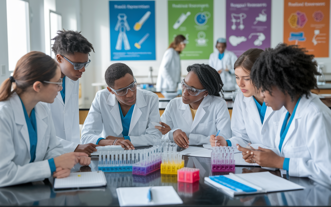 A vibrant laboratory scene showing diverse medical students working collaboratively on a research experiment. They are gathered around a lab bench, intently observing scientific experiments with advanced equipment, notes scattered around, and an air of determination and teamwork. The room is filled with natural light and colorful posters illustrating medical research advancements, creating an engaging academic environment.