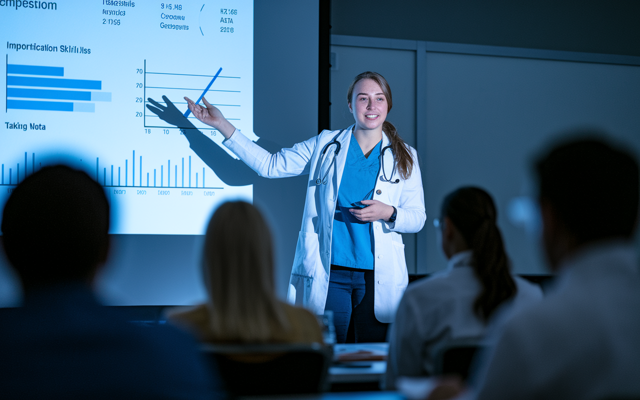 A medical student confidently presenting her research findings at an academic conference. She stands in front of an audience, pointing at a projection screen filled with graphs and data visuals. The environment is professional, with attendees engaged and taking notes, highlighting the importance of communication skills in medicine. The lighting is focused on the presenter, creating a spotlight effect that emphasizes her enthusiasm.