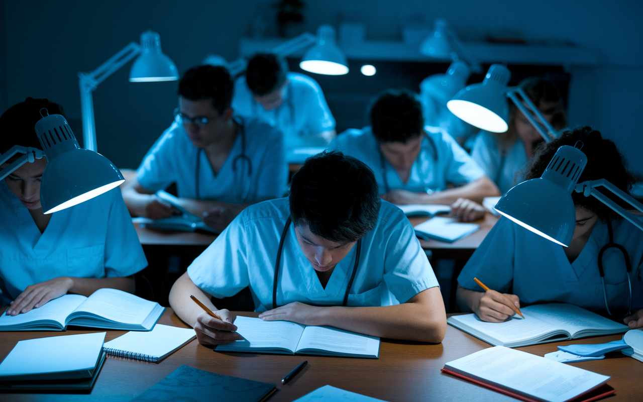 A dimly lit study room with a group of medical students intensely focused on their studies late at night. Their expressions show concentration and fatigue, with scattered textbooks and notes around them. The atmosphere is tense, illuminated by the harsh glow of desk lamps, depicting the pressures and competition commonly faced in academic programs.