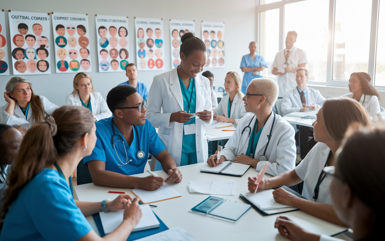 A dynamic classroom scene showing a diverse group of healthcare professionals undergoing cultural competency training. The room is bright and filled with posters illustrating various cultural health beliefs. A trainer, an African-American woman, is leading a discussion, while participants engage actively, taking notes and sharing their thoughts. The atmosphere is collaborative, with a sense of purpose evident in the faces of the attendees. Natural light streams in from large windows, enhancing the warm, inclusive feelings of the environment.