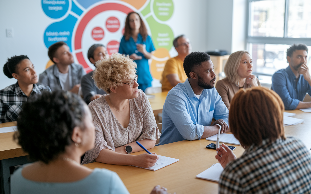 A group of diverse individuals attending a community health seminar in a local community center. The room is filled with engaged participants listening to a healthcare worker explaining diabetes management with an eye-catching infographic behind them. Participants of various ages and ethnic backgrounds nod and take notes, with a focus on building understanding. Bright, cheerful lighting enhances the welcoming atmosphere, fostering a sense of community.