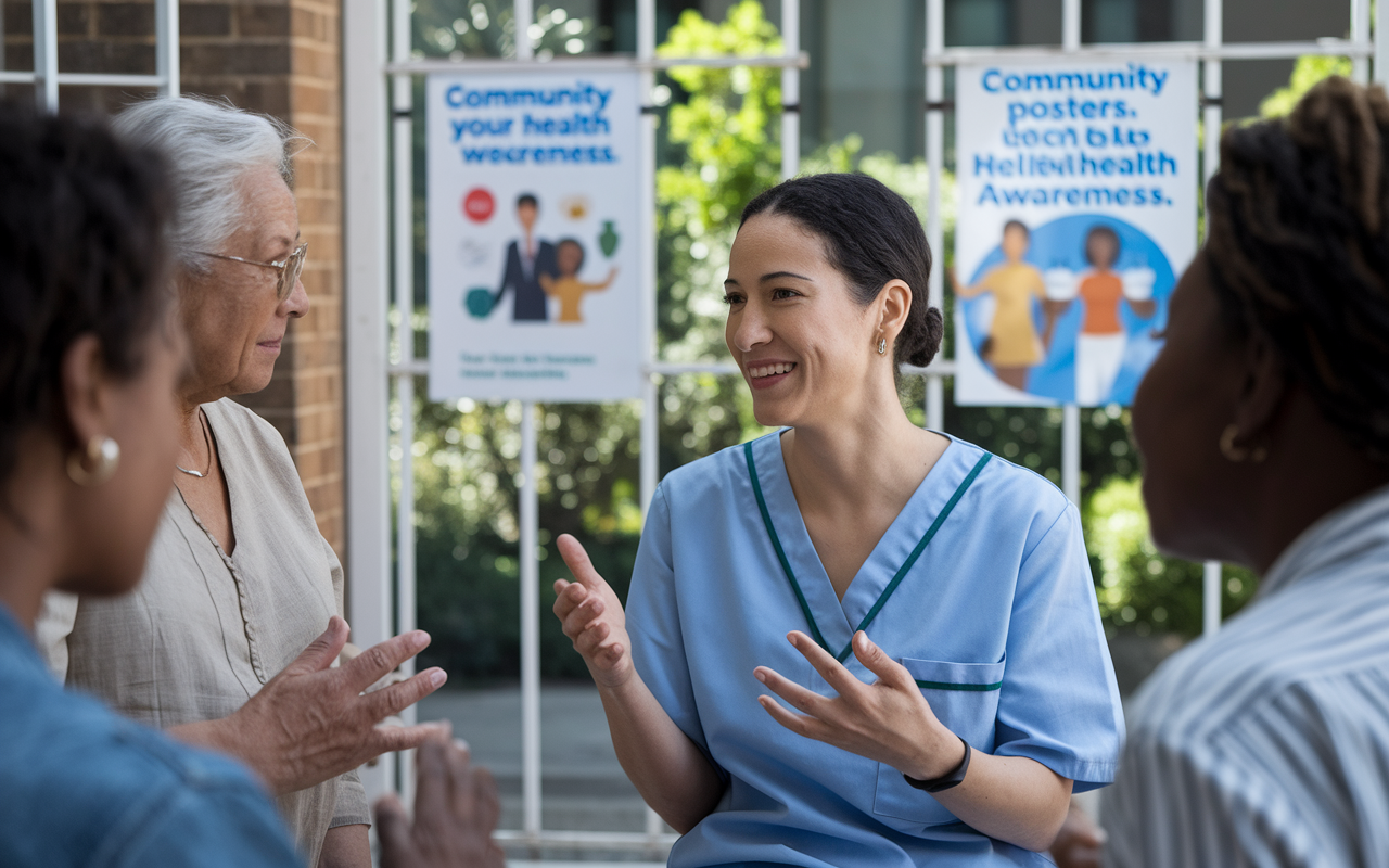 A scene depicting a community health worker engaging with a small group of marginalized community members in a neighborhood setting. An open dialogue is happening in a bright, informal environment, where the health worker, a Latina woman, uses relatable terms and visuals to explain health benefits. The surrounding area shows community posters advocating for health awareness. The lighting is natural and warm, creating an inviting and trustworthy atmosphere.