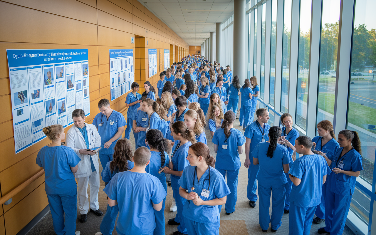 A bustling academic hospital corridor filled with residents and medical students, with posters of research projects displayed on walls. Nurses and doctors in scrubs are seen collaborating in small groups. The modern facility features large glass windows bringing in natural light, creating a lively and inviting atmosphere. Dynamic perspectives capture the spirit of learning and collaboration among young medical professionals, illustrating the blend of patient care and education.