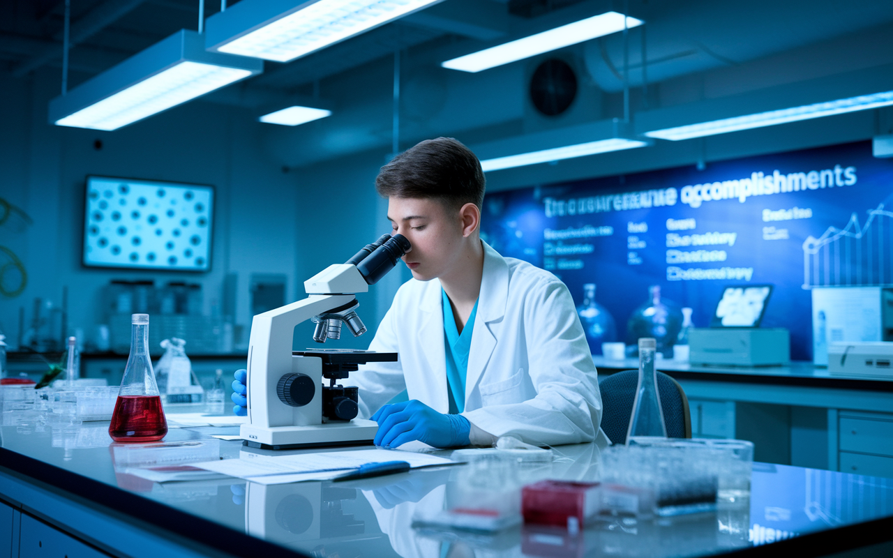 A young medical resident working in a high-tech lab, surrounded by various samples and research tools. They are focused on microscope work, with charts of research data visible in the background. The lab is illuminated by bright fluorescent lights, creating an atmosphere filled with energy and discovery. A wall display shows research accomplishments, emphasizing innovation and the future of medical science.