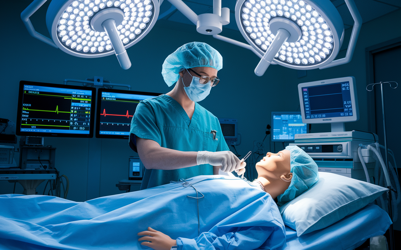 A medical resident practicing in a state-of-the-art simulation lab, using a lifelike medical mannequin. The room is equipped with various monitors displaying vital signs and surgical instruments. The atmosphere is focused and intense, capturing the essence of training for real-life scenarios. Bright overhead lights enhance the clinical feel, emphasizing the seriousness and commitment to mastering medical skills.