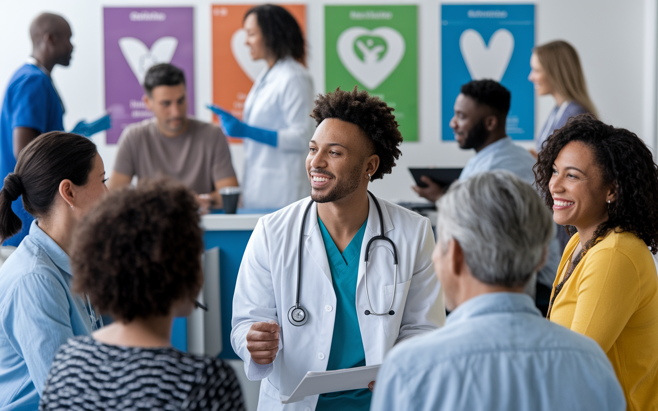 A compassionate medical resident interacting with a diverse group of patients in a busy clinic. The patients represent various backgrounds, showcasing a rich tapestry of cultural diversity. The scene is lively, with medical staff collaborating in the background, and colorful posters about health education on the walls. The warm atmosphere highlights empathy and effective communication between healthcare providers and patients.