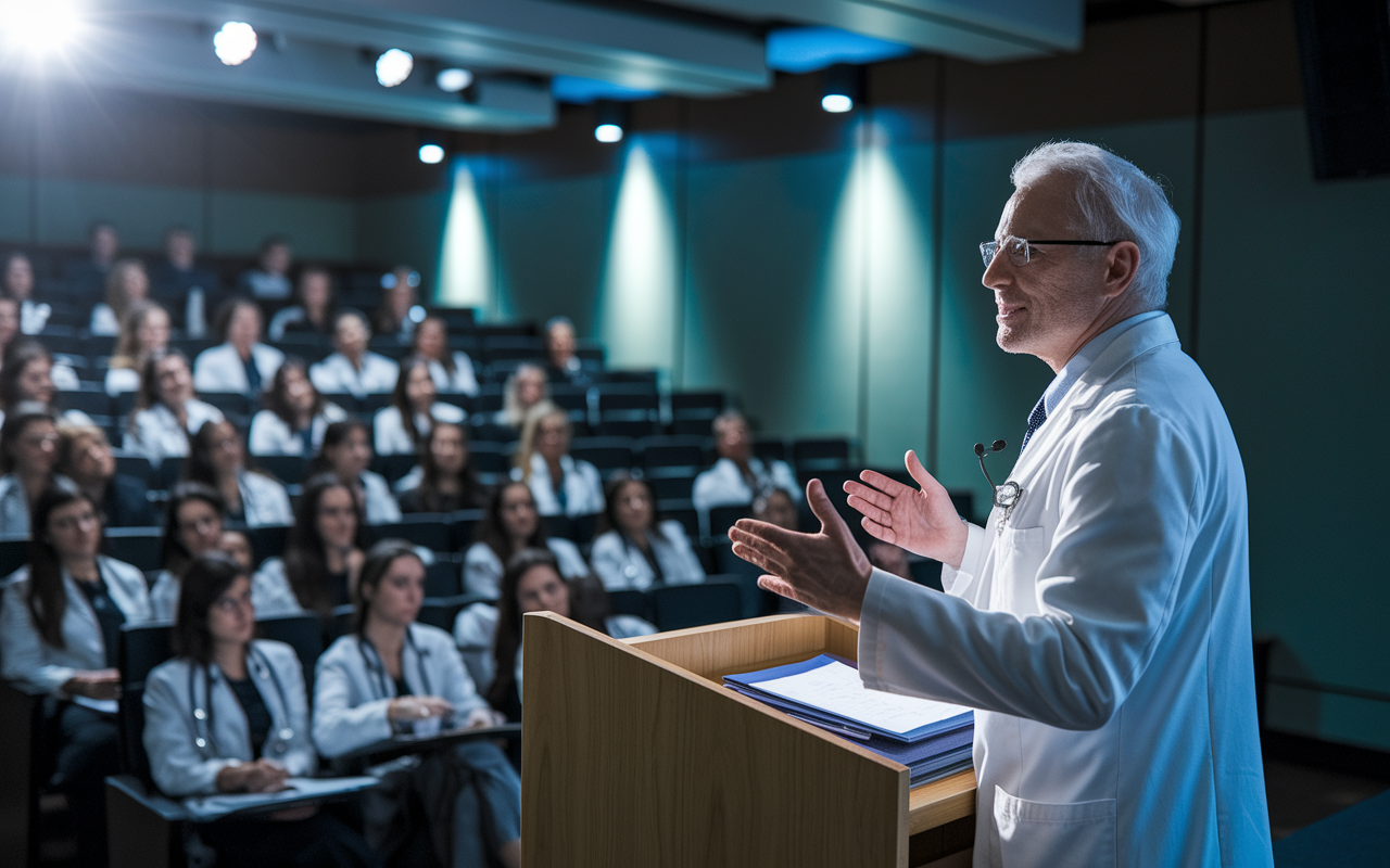 A distinguished healthcare professional delivering a lecture to an audience of medical students in a lecture hall. The room is outfitted with advanced audiovisual equipment and filled with eager, attentive students. The speaker is animated and passionate, emphasizing the integration of clinical practice and research. Soft lighting spotlights the speaker while creating a cozy yet professional atmosphere, symbolizing the importance of education in medicine.