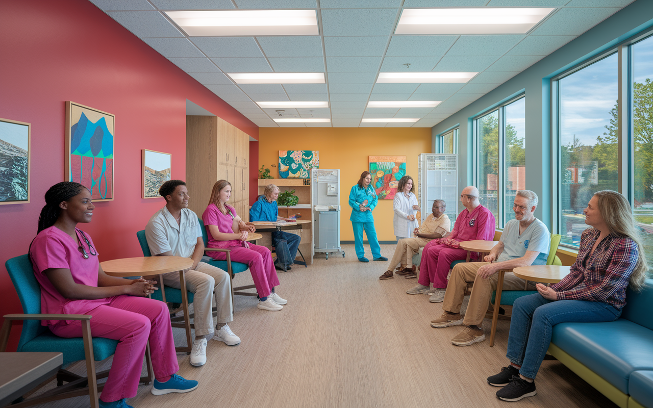 A lively community clinic with healthcare residents in vibrant scrubs attending to patients in exam rooms. Emphasis on interaction and care as residents consult with diverse patients, including families and the elderly. The space is filled with natural light from large windows and decorated with local art, showcasing a commitment to community health. Warm colors and a friendly atmosphere reflect the intimate nature of community programs.