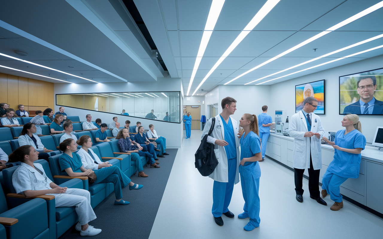 A bustling university hospital environment where medical students and residents are engaged in various activities: some are attending a lecture in a high-tech auditorium, others are in a lab working on research with advanced equipment, and a few are in a clinical setting discussing cases with seasoned physicians. The design is sleek and modern, with bright overhead lights and educational posters on the walls, reflecting a focus on knowledge and advancement.