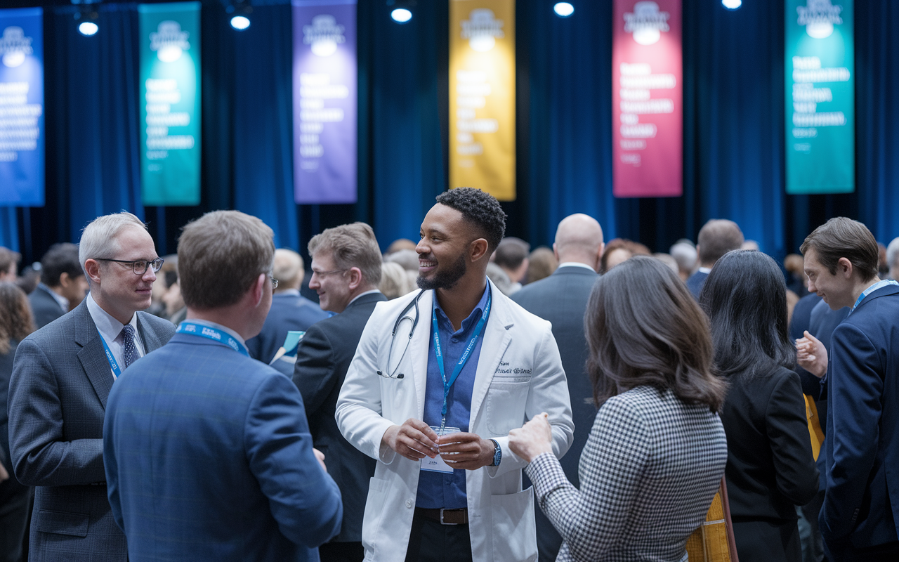 An ambitious medical professional at a networking event in a large conference hall, engaging with senior physicians and potential employers. The atmosphere is one of opportunity and connection, with diverse attendees exchanging ideas and experiences. Inclusive lighting showcases the vibrancy of the event, with banners of renowned medical institutions in the background, symbolizing the potential for growth in academic programs.