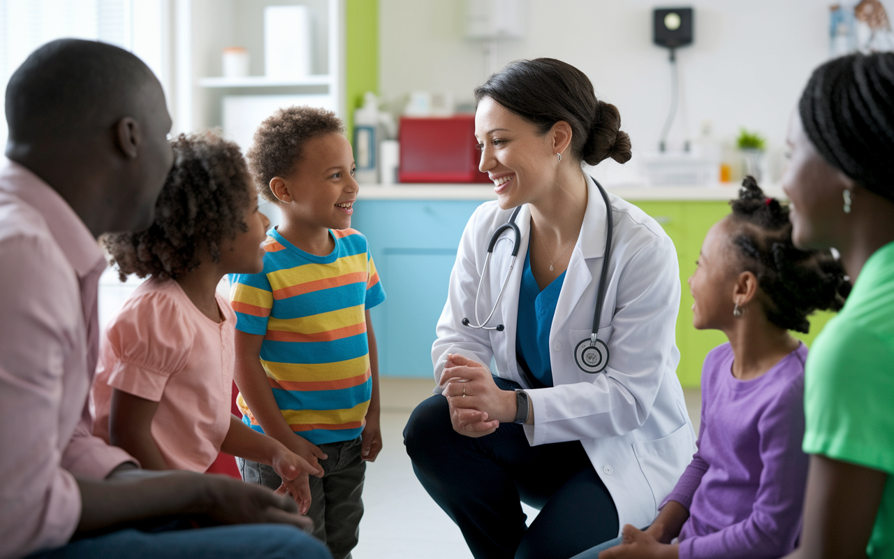 A family medicine resident, Kelly, in her white coat, interacts with a group of children in a friendly local clinic. She is kneeling, smiling, listening to their health concerns while engaged parents observe happily. The environment is bright and colorful, portraying a sense of trust and connection, where healthcare meets the community spirit.