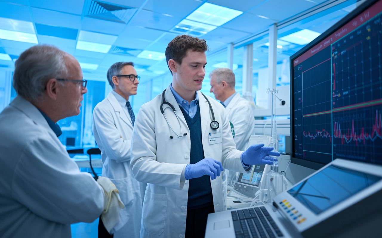 David, a young physician in a laboratory setting, is surrounded by advanced medical technology and research equipment focused on cardiology. He is engaged in a discussion with senior researchers while examining data on a large screen displaying graphs and charts. The lab's ambiance is bright and dynamic, filled with enthusiasm for discovery and medical advancement.