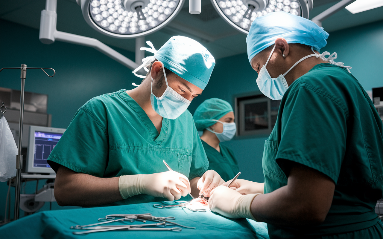 A focused medical resident in green scrubs performing a minor surgery with a mentor in a well-lit community hospital operating room. The scene captures the intensity and concentration on the resident's face, with surgical instruments neatly arranged and a soft glow from the overhead surgical lights. The presence of a diverse surgical team reflects inclusivity, and a respectful atmosphere showcases the collaborative learning environment.