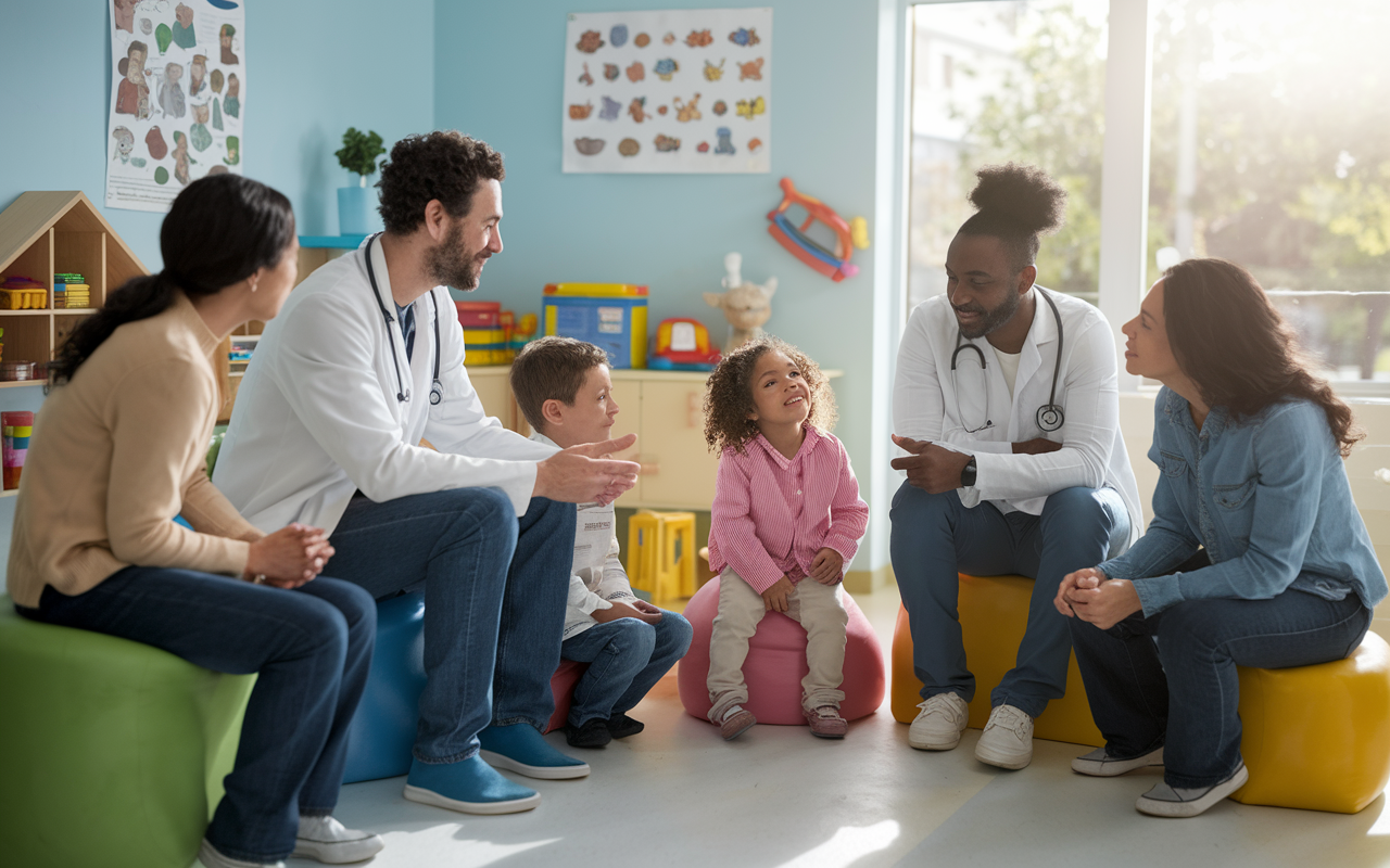 Residents in a colorful pediatric clinic consulting with children and their parents from various cultural backgrounds. The room is bright and cheerful, with educational posters on the walls and toys scattered about. The residents are attentively listening to the concerns of families, showcasing a compassionate approach to healthcare. Natural light floods the room, reflecting warmth and inclusivity.