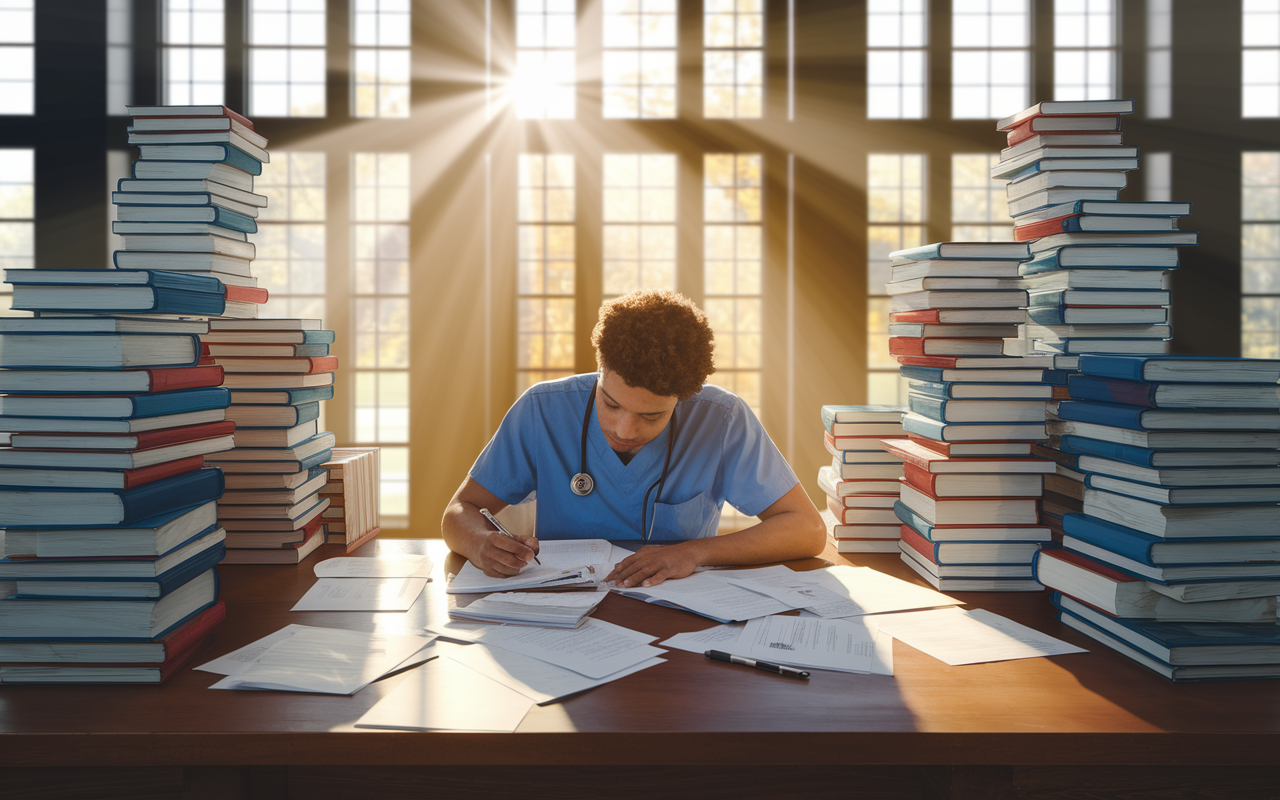 An inspiring scene of a determined medical student studying at a large desk in a sunlit library, surrounded by towering stacks of medical textbooks and papers. The student, wearing casual attire, tirelessly highlights notes and scribbles ideas on additional paper. Rays of sunlight filter through large windows, casting a golden hue and creating a warm study environment filled with energy and focus. This scene symbolizes the diligent preparation and commitment required on the journey to becoming a physician.