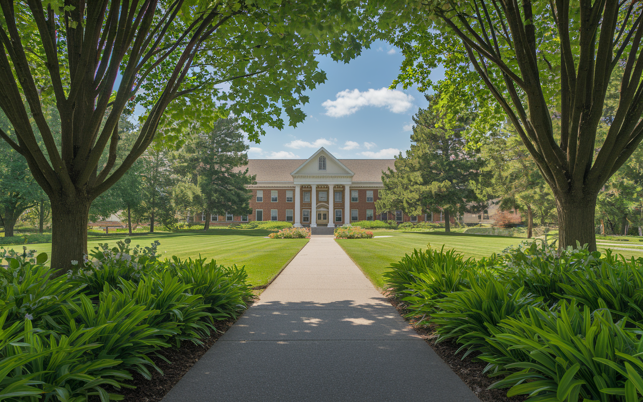 A serene pathway in a tranquil hospital garden, symbolizing the journey of future physicians as they ponder their residency choices. In the background, a picturesque building connected with medical education stands, representing both academic and community programs. The lush greenery and clear blue sky radiate hope and possibilities, embodying the important choice ahead for aspiring doctors.