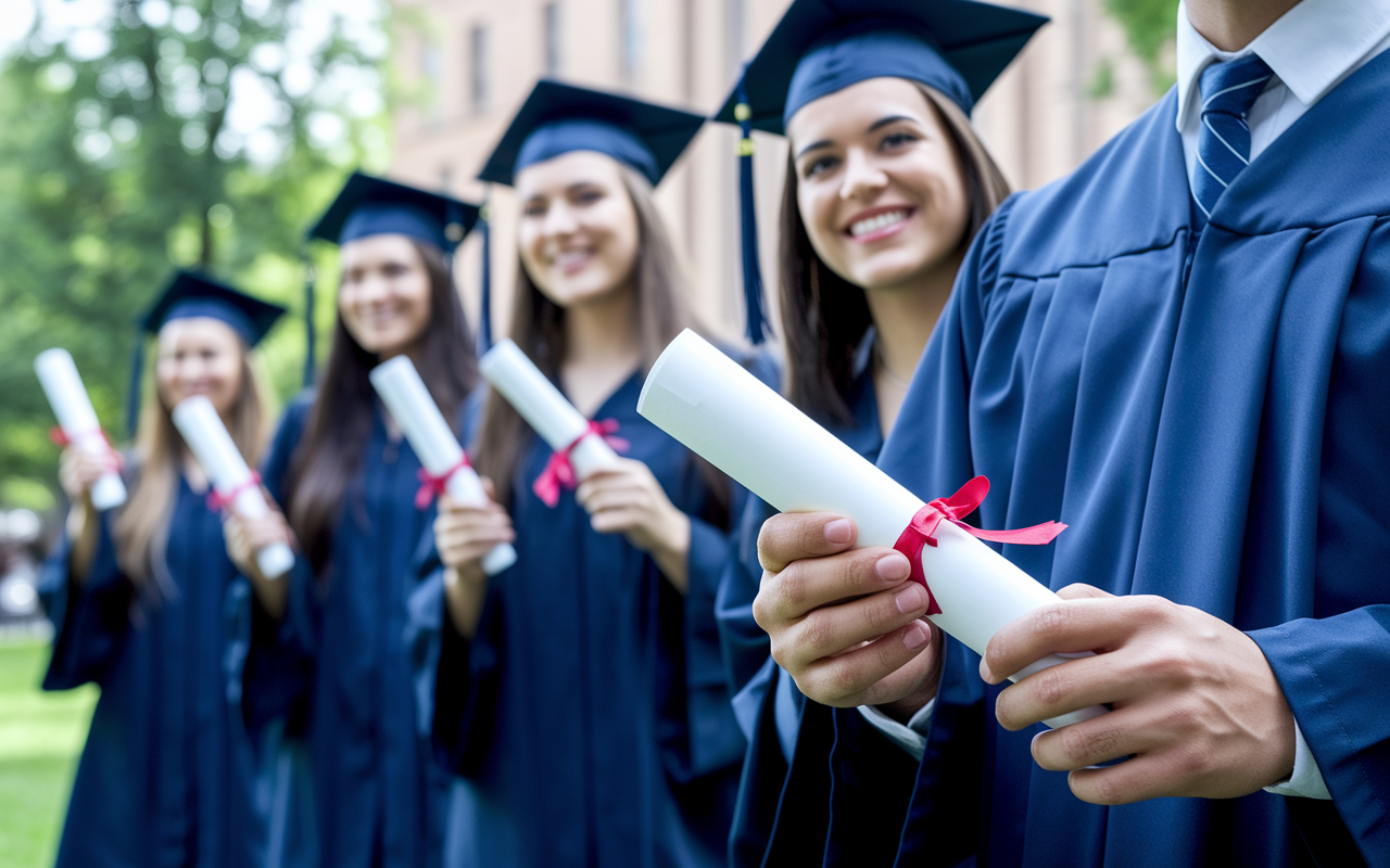 A motivational scene showing a close-up of a graduate’s hands holding a medical diploma, symbolizing the culmination of hard work and dedication. In the background, fellow graduates celebrate their achievements, reflecting a sense of community and accomplishment. This image captures the transformative journey of aspiring doctors from students to professionals, filled with hope and ambition.