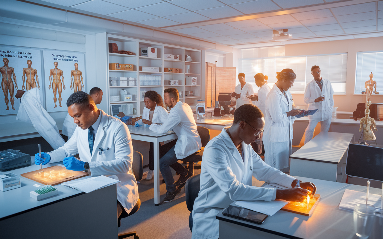 A detailed view of a medical residency program, featuring residents actively engaged in various activities: one group in a lab conducting experiments with advanced medical technology, another in an educational session led by an experienced faculty member in a well-equipped classroom. The bright and modern space is filled with medical charts and anatomical models, symbolizing innovation and education. Warm lighting adds a sense of focus and determination among the trainees.