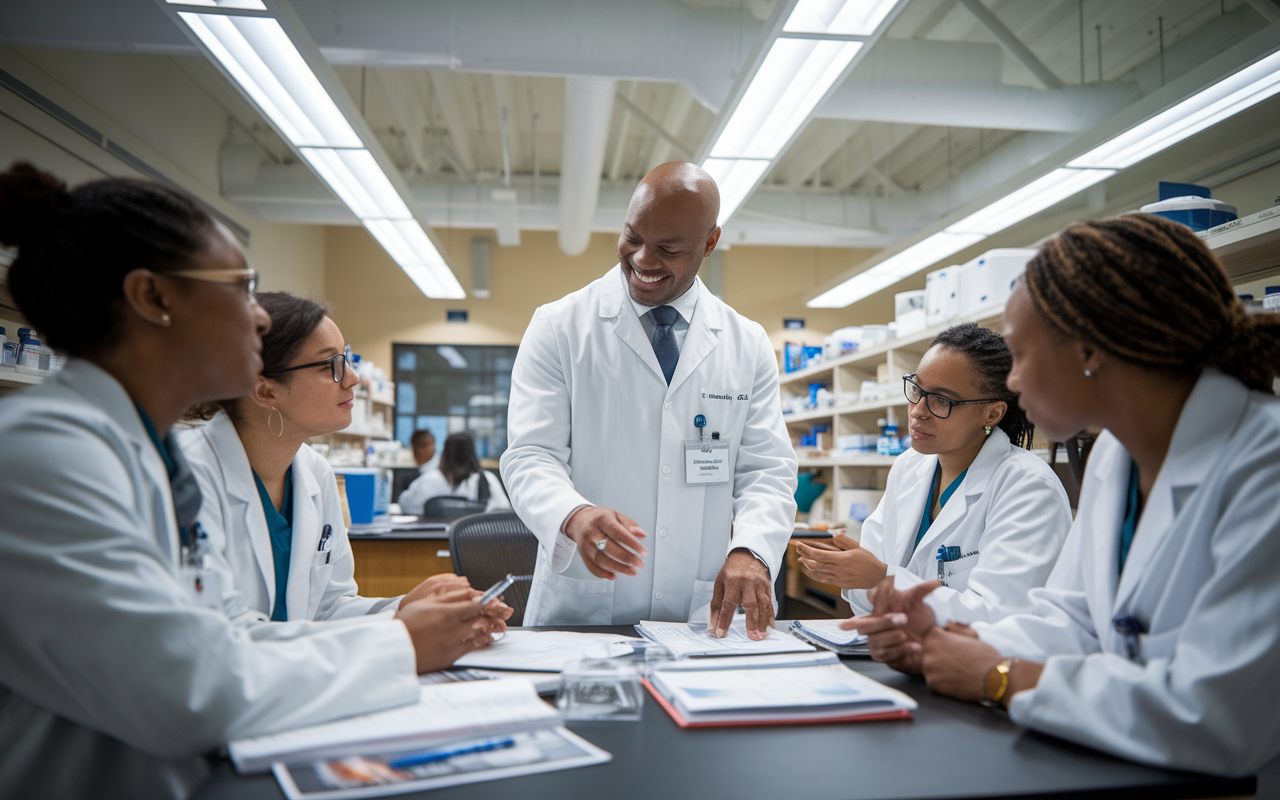 A knowledgeable faculty member in a lab coat, enthusiastically discussing research findings with medical residents in a collaborative atmosphere. The lab is filled with high-tech equipment and research papers, symbolizing a culture of inquiry and innovation. Bright fluorescent lights illuminate the scene, highlighting the dedicated expressions among the residents as they absorb insights from their mentor.