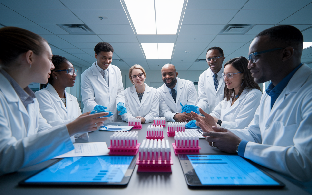 An inspiring research setting in a modern medical lab, where a diverse team of residents are gathered around a large table filled with test tubes, data sheets, and digital screens displaying graphs. They are deep in discussion about their ongoing research project, with expressions of curiosity and excitement. Bright white lab lighting highlights their focused faces, embodying the spirit of innovation and a commitment to advancing medical knowledge.