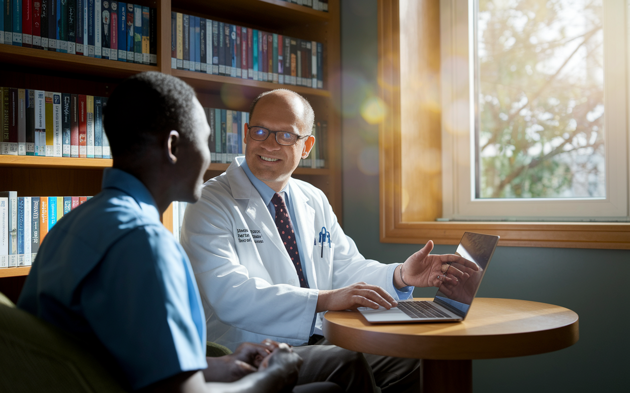 A one-on-one mentorship session taking place in a cozy corner of a medical school library, where a resident seeks career guidance from a distinguished faculty member. The mentor, with a look of encouragement and wisdom, is pointing out opportunities on a laptop screen surrounded by medical literature. The sunlight streaming through the window creates a nurturing atmosphere, symbolizing the importance of personal connections and guidance within the residency experience.