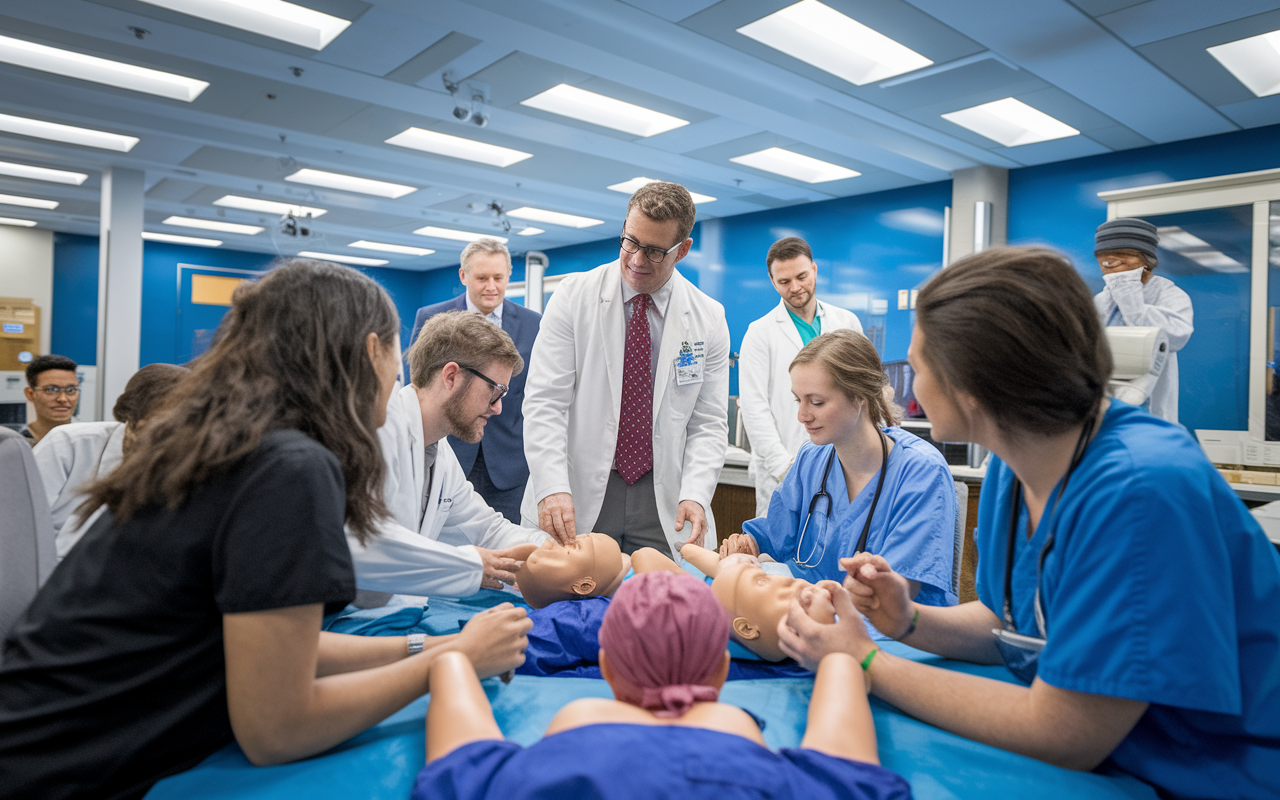 A vibrant educational workshop in a modern teaching environment, where residents are engaging with interactive patient scenarios using simulation technology. An enthusiastic instructor guides the discussion while residents cluster around lifelike mannequins, simulating real-life medical situations. The brightly decorated room is filled with enthusiasm and dedication, emphasizing the structured and immersive learning approach characteristic of academic program training.