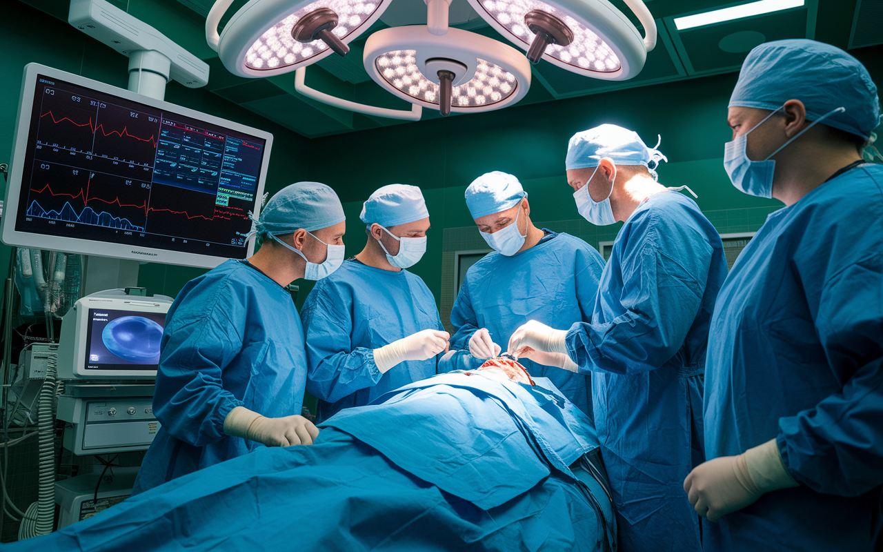 A high-tech operating room filled with state-of-the-art equipment where surgical residents observe a complex procedure being conducted by renowned surgeons. The vibrant environment is rich in technology, with monitors displaying vital statistics and detailed imagery. The residents, in awe, lean in to catch every moment, reflecting their eagerness to learn cutting-edge techniques and innovations in medicine.